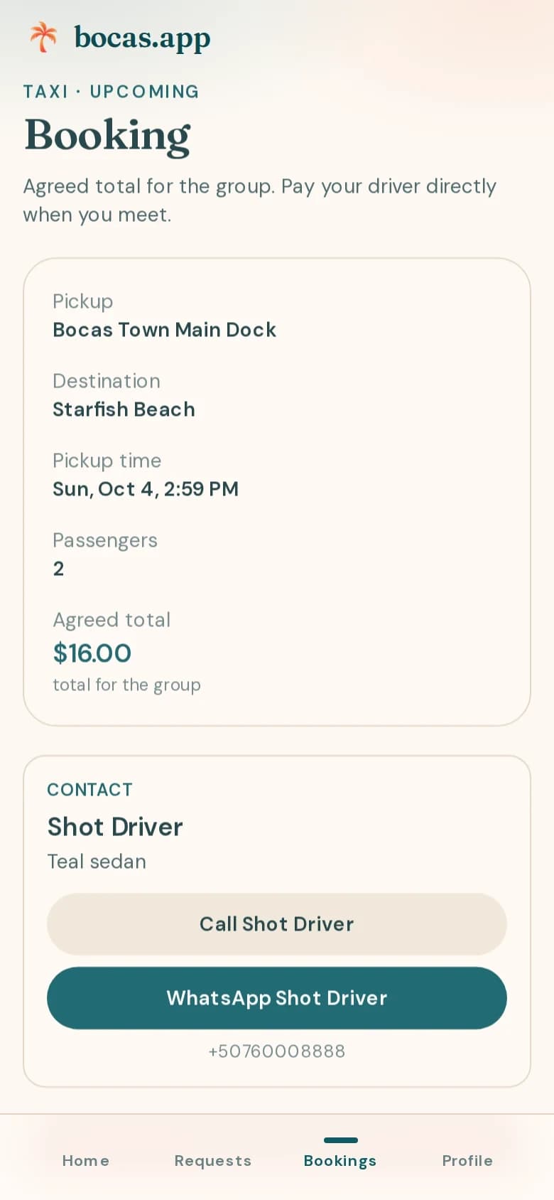 Confirmed booking with contact actions on a phone